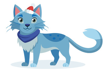 A Blue Cartoon Cat with Winter Hat and Scarf Stands Elegantly Smiling on White Background