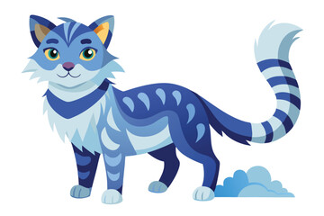 Whimsical Striped Blue Cat Cartoon with Expressive Eyes and a Playful Attitude Standing with Fluffy Clouds Beneath its Paws