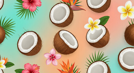 Tropical Coconut Pattern: Vibrant Summer Design with Hibiscus & Plumeria AI Generated Image