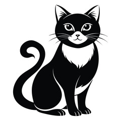 Elegant Silhouette of a Black Cat with a Curled Tail and White Accents Sitting and Looking Forward Artistically Rendered