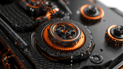 A close up of a set of gears with orange accents. The gears are all different sizes and are arranged in a way that they appear to be connected. Concept of complexity and precision