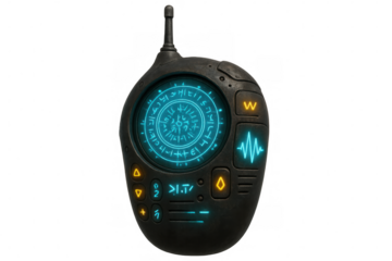 Futuristic alien device with glowing screen and symbols transmitting data, isolated on transparent background, perfect for science fiction projects