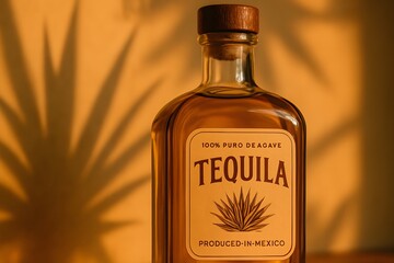 Golden Tequila Bottle against Warm Sunset Backdrop Agave Plant Shadow Mexico Drink Alcohol