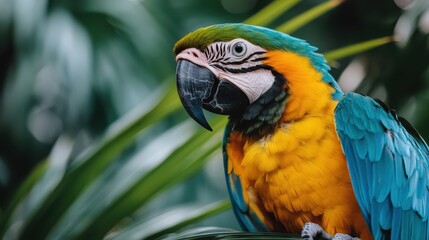 Obraz premium This vibrant image of a macaw amid lush green foliage showcases the stunning colors and intricate patterns of the bird, capturing the essence of tropical wildlife and natural beauty.