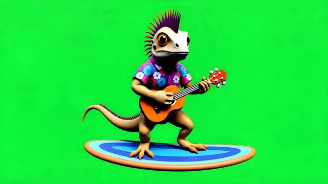 Cool Lizard Playing Ukulele on Surfboard - 3D Render