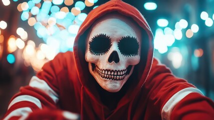 An enigmatic figure wearing a hoodie and sporting intricate skull makeup emerges amidst soft bokeh lights, blending elements of mystique and modern street art in a captivating urban scene.