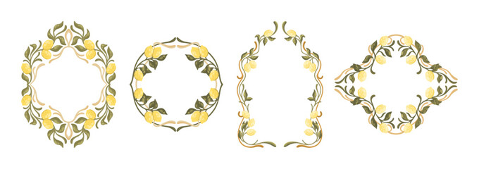Mediterranean decorative frames with lemons. Art Nouveau style. Vector.