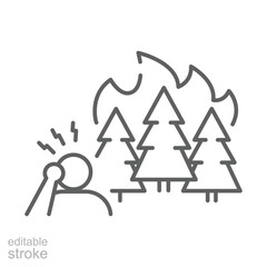 Stressed Person Forest Fire Icon. Editable Stroke Outline. Climate Anxiety Symbol. Environmental Disaster Concept. Burning Trees and Panic Reaction.