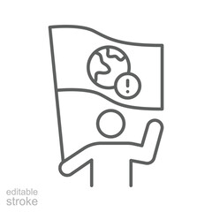 Climate Protest Icon. Environmental Activist Outline. Editable Stroke Person with Planet Sign. Global Warming Awareness Symbol. Urgent Ecology Message.