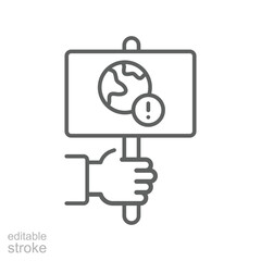 Environmental Protest Icon. Editable Stroke Outline. Hand Holding Planet Sign. Climate Crisis Warning. Global Warming Awareness Symbol.
