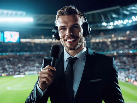 Sportscaster delivers live commentary from a stadium filled with fans