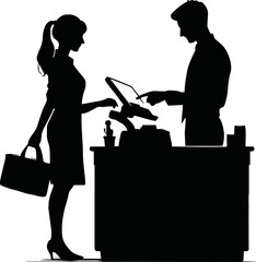 Retail cashier and customer in payment process, silhouette vector style on white background