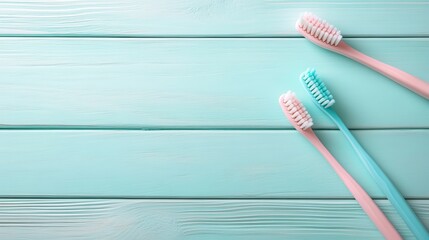 Three stylish toothbrushes in soft colors sit on a light wooden surface, highlighting a contemporary design aesthetic in personal care products.