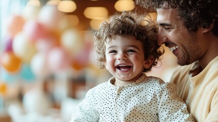 A joyful moment between a father and his smiling child, capturing the essence of love, happiness, and the special bond shared during playful interactions.