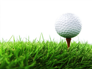 Fototapeta premium Golf ball ready for tee-off on a sunny day in green grass