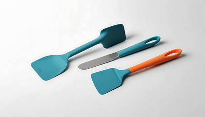 Colorful Kitchen Utensils: Spatulas & Spreader on White Background