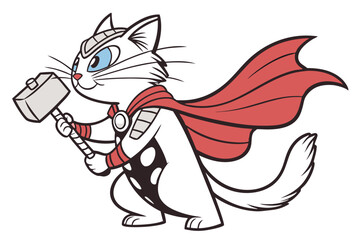 Cartoon Cat Dressed as Thor Wielding Mjolnir Hammer Striking a Heroic Pose Isolated on White Background Ready to Save the Day