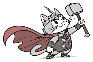 A Cartoon Cat Dressed as Thor Wielding Mjolnir Ready for Adventure in a Fun and Whimsical Style