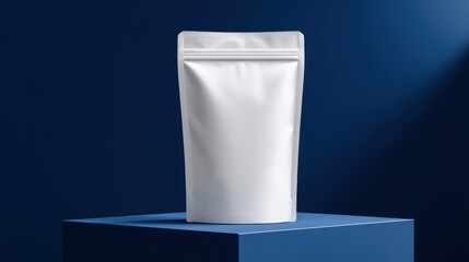 A 4K photo of white matte standing pouch on white cube with navy blue background, soft top lighting in minimalist packaging mockup.