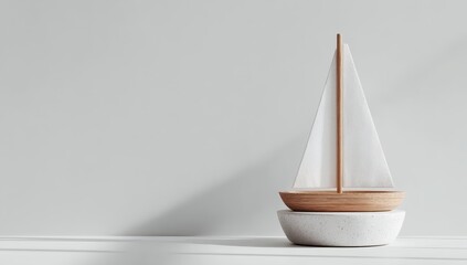 Minimalist image of a small wooden sailboat model on a white circular base, set against a light gray wall, casting a subtle shadow