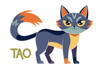 Stylized Cartoon Cat Illustration with Tao Lettering, Modern Design with Geometric Shapes and Vibrant Color Palette, Ideal for Children