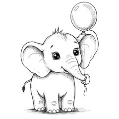 Naklejka premium Cute baby elephant holding a floating balloon with its trunk, looking playful and joyful.