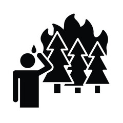 Forest Fire Anxiety Glyph Icon. Person Watching Burning Trees. Climate Disaster Black Silhouette. Global Crisis Symbol.