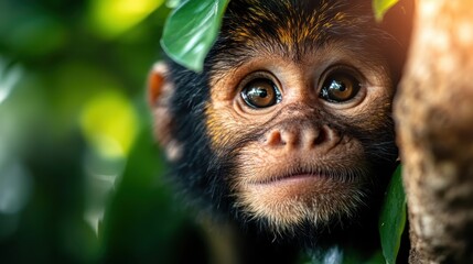 Fototapeta premium A close-up of an adorable baby monkey showcases its bright expressive eyes, capturing the innocence and curiosity of wildlife amidst lush greenery in its natural habitat.