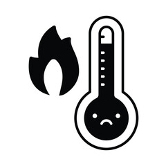 Thermometer Heat Overload Glyph Icon. Sad Face Temperature Symbol. Climate Change Anxiety. Global Warming Black Silhouette.