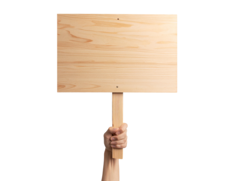 Raised Fist Holding Vertical Blank Wooden Protest Sign – Transparent Background
