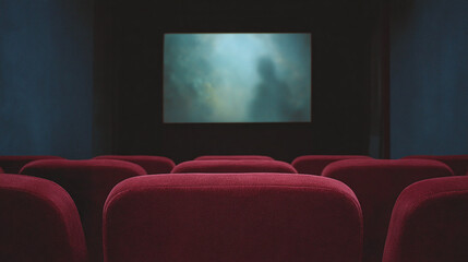 Fototapeta premium Immerse Yourself in the Cinematic Experience: A Captivating View of a Cozy Movie Theater with Plush Red Seats and a Mysterious Screen Atmosphere