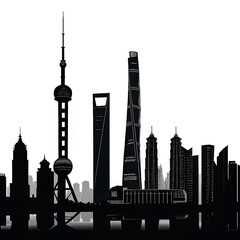 A stunning city skyline silhouette with the Chicago and Shanghai skylines reflecting their urban architecture