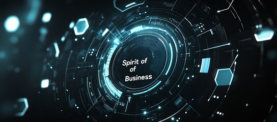 Abstract digital artwork depicting the "Spirit of Business," featuring a circular, glowing, technological design