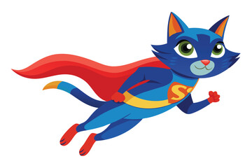 Cartoon Superhero Cat Leaping Through the Air with a Red Cape and Ready to Save the Day