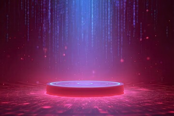 C4D rendering of a circular podium, with a blue and pink background and binary code floating in the air. The light shines on the podium, creating a cyberpunk-style scene. The.