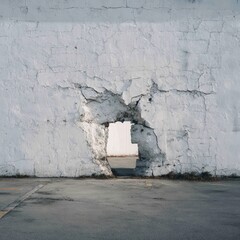 A large, irregular hole breaches a weathered whitewashed wall, revealing a glimpse of an empty asphalt area beyond.  The wall shows significant cracking and deterioration