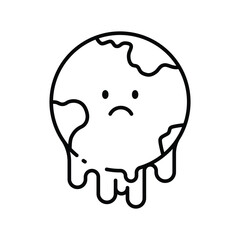 Sad Earth Icon. Melting Planet Outline. Global Warming Symbol. Climate Crisis Line Style.