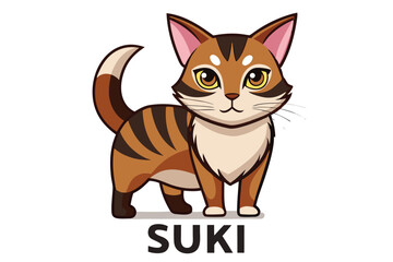 Cartoon Cat with Brown and White Stripes and Yellow Eyes Standing Above the Name Suki in Black Letters