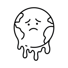 Melting Earth Icon. Climate Anxiety Outline. Sad Planet Global Warming Symbol. Environmental Crisis Line Style.