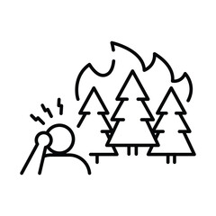 Stressed Person Icon. Forest Fire Reaction Outline. Climate Crisis Symbol. Burned Trees Line Style.