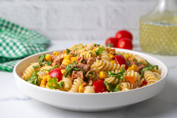 Pasta salad with tuna and vegetables. Pasta with tuna.