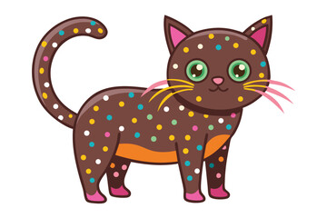 Playful Chocolate Cat with Colorful Sprinkles A Whimsical Cartoon Character with Emerald Eyes and Curled Tail