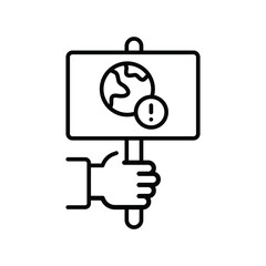 Protest Hand Icon. Holding Planet Sign Outline. Climate Awareness Symbol. Crisis Message Line Style.