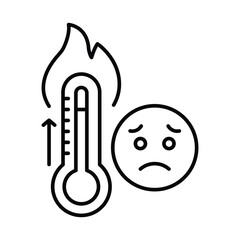 Heat Anxiety Icon. Thermometer and Fire Outline. Sad Face Climate Reaction. Temperature Crisis Line Style.