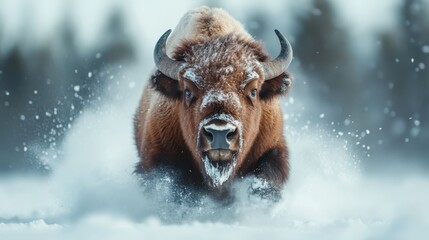 A majestic bison charges through deep winter snow, showcasing the power and grace of wildlife in a serene, snowy landscape representing strength and endurance.