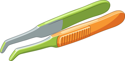 Angled Tweezers with Green and Orange Handles, Detailed and Isolated.