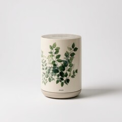 Cream cylindrical speaker with a botanical print of green leaves