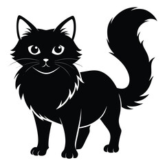 Elegant Silhouette of a Fluffy Black Cat with Expressive Eyes and Whimsical Tail Curled Upward in a Playful Pose