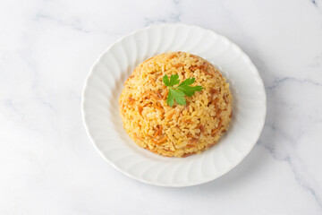 Traditional delicious Turkish food, bulgur pilaf with vermicelli (Turkish name; arpa sehriyeli bulgur pilavi)