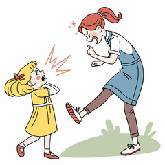 Mother scolding her daughter, conflict and childhood discipline illustration